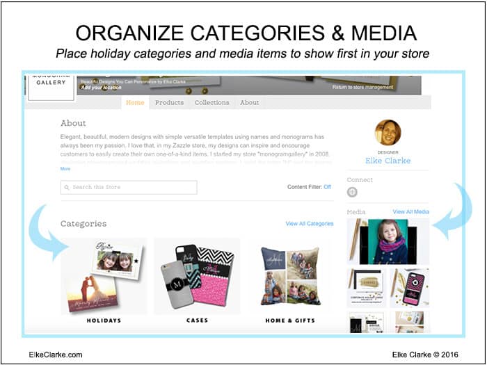 This image shows how on your store "home" page, you can showcase your holiday store categories and media files at the top so your customers can easily access the products they want.