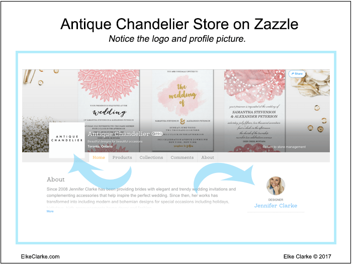 Antique Chandelier Store on Zazzle Showing a Good Store Logo and Profile Photo