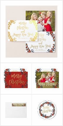 Gold Merry Christmas Script Red Berries