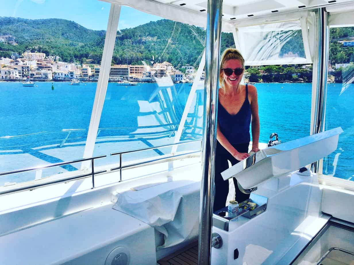 Me (Jen Clarke) on the yacht in the port in Andratx Mallorca