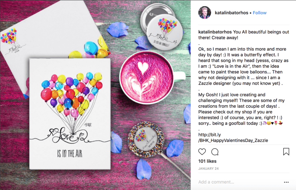 Katalin's Instagram post of astyled photography image of her Zazzle product a Birthday Card she made using her balloon painting