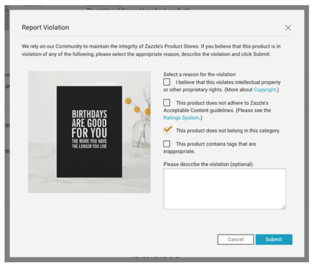 The pop up that appears after you report the product because it is not on the right paper product type. Image found on the Zazzle blog article about the Paper Breakout. 