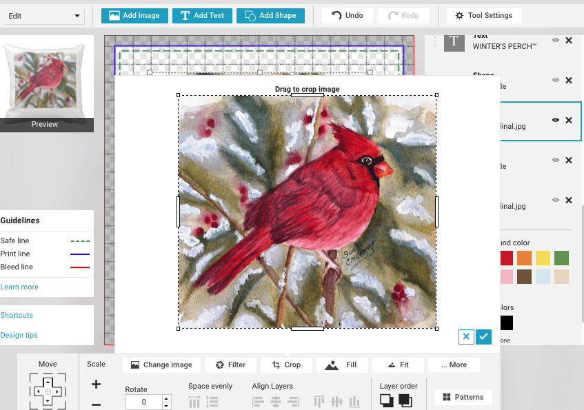 I used the "crop" feature on the Zazzle design tool to make it square and also adjusted the placement of the cardinal in the area of the square to improve the effect of the design.