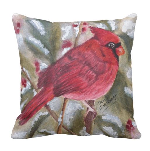 How the image of Sue's Red Cardinal artwork should be placed on the pillow for sale on Zazzle