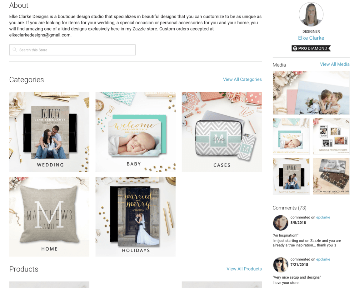 Elke Clarke Designs on Zazzle showing The Categories and Media Files are consistent with the brand.