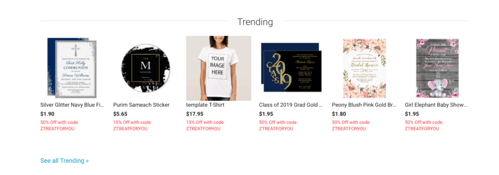 At the bottom of Zazzle's homepage, 'trending products' are shown.