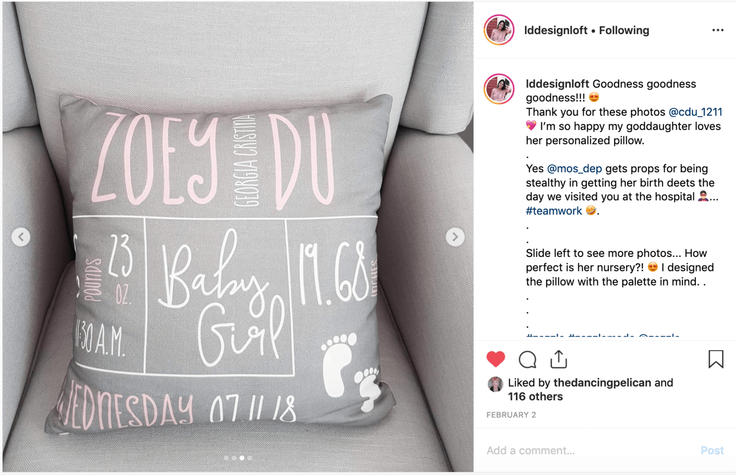An adorable photo Lorena posted on Instagram of a pillow that lddesignloft sells on Zazzle. 