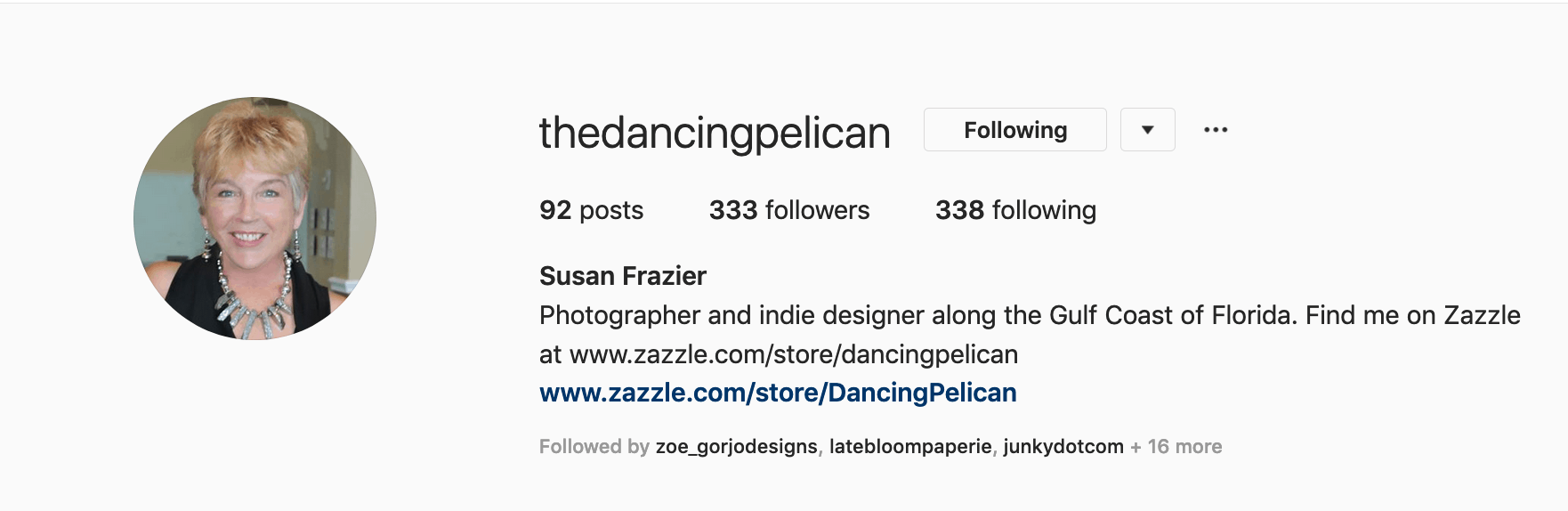 @TheDancingPelican by Susan Frazier, designer on Zazzle and 5 Step Profit Plan™ Member. She has created a professional looking profile complete with store links and contact information. 