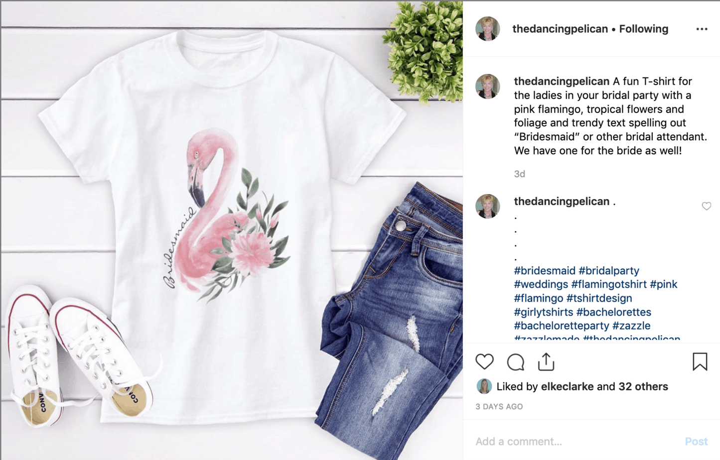 A beautiful staged photo Susan posted on Instagram of a t-shirt that TheDancingPelican sells on Zazzle. Click here to see the Instagram post. The post includes information about the Zazzle product. 