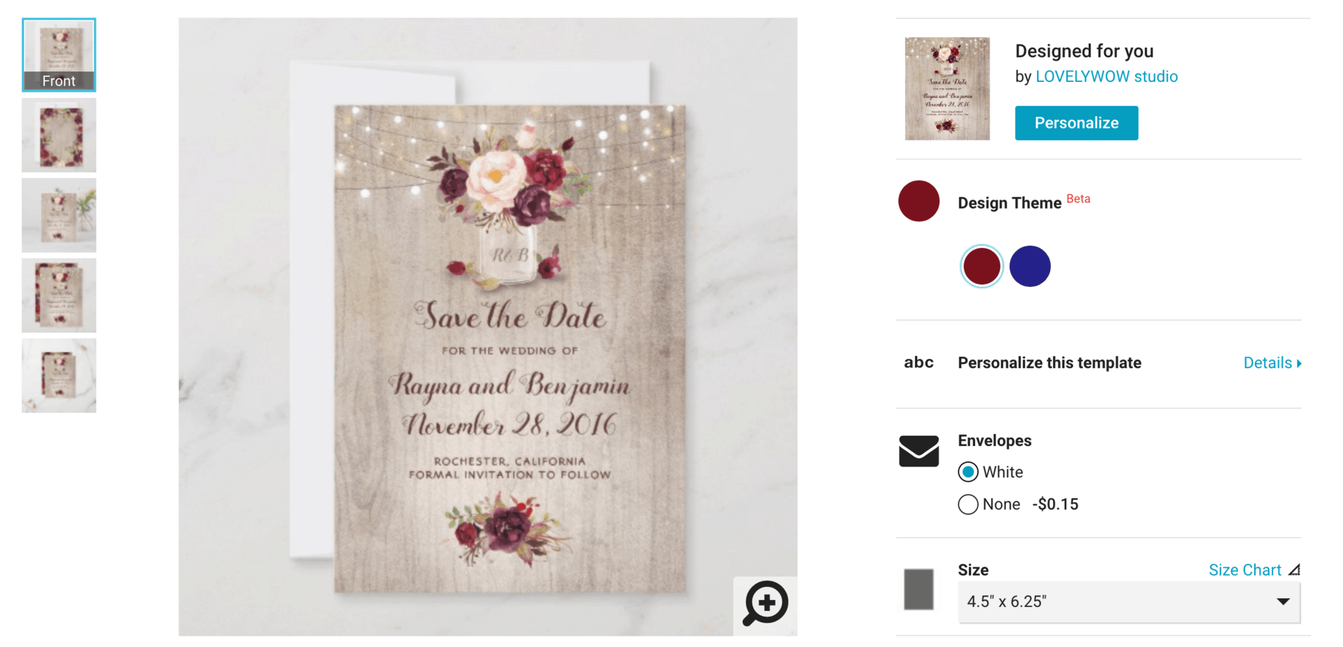 This design theme option shows the burgundy colored graphic version of this save the date
