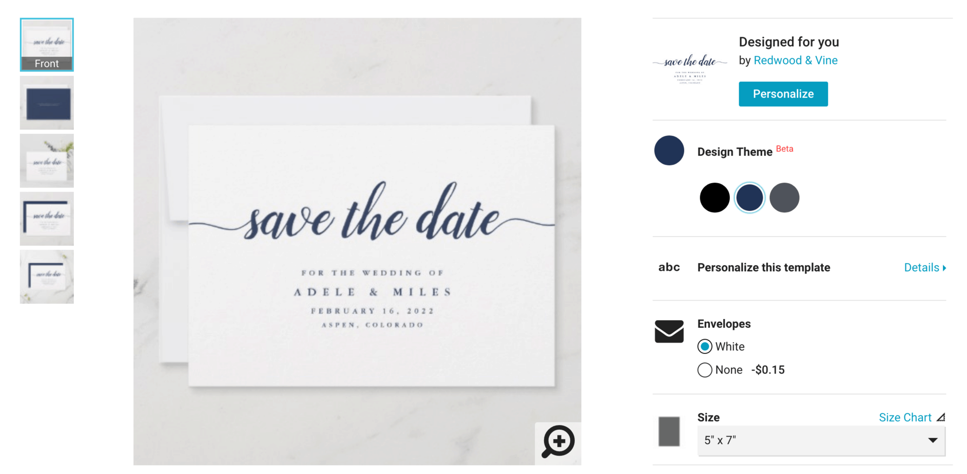 sell more on Zazzle: This color option shows the navy text design theme version for the save the date