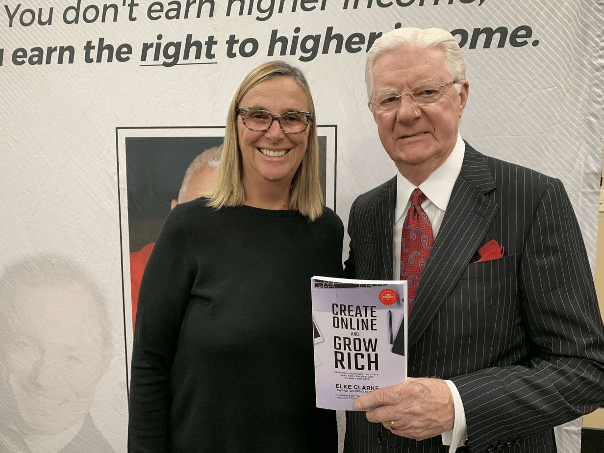 Bob Proctor and Elke Clarke with her book Create Online and Grow Rich