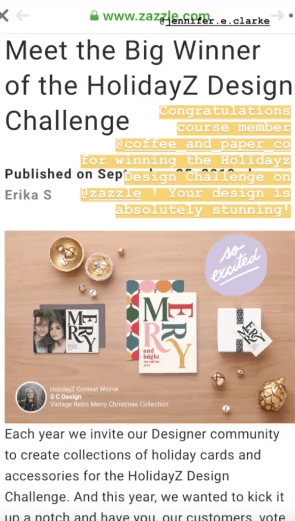 Our Course Member SC Design -Coffee and Paper Co won the Zazzle HolidayZ Design Challenge 2019